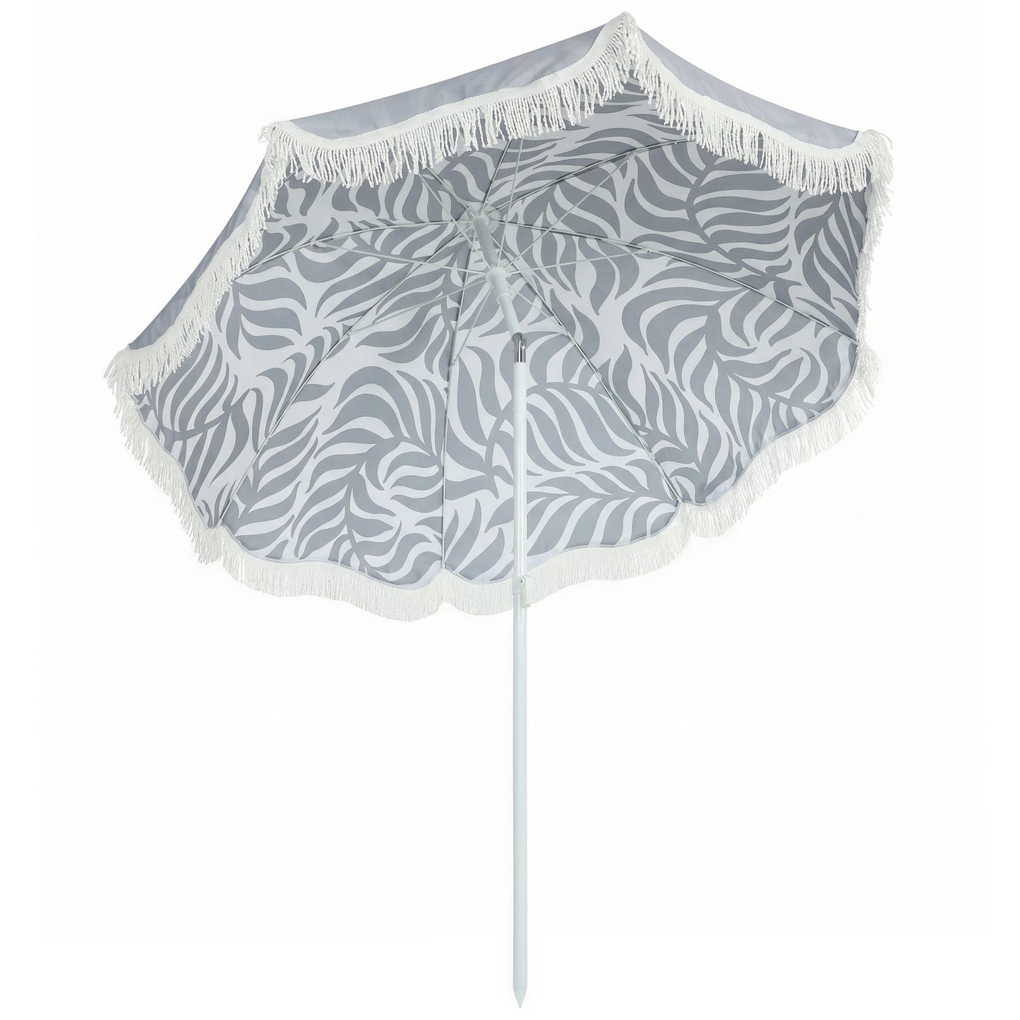 Photo of Outsunny 1.8 m Beach Umbrella Parasol with Sand Anchor, Portable Tilting Garden Parasol with Adjustable Height, Light Grey in Grey colour on a white background