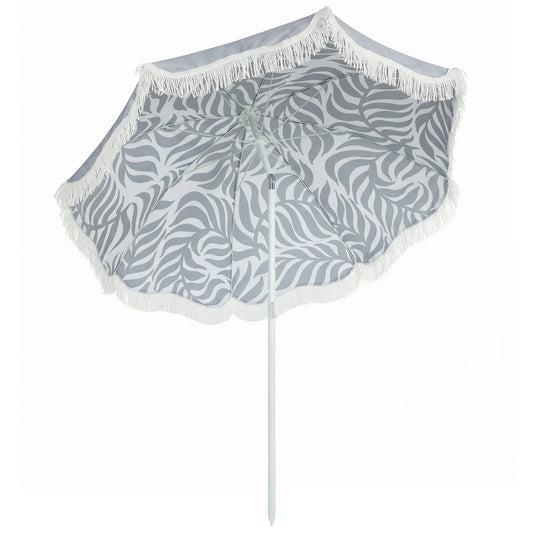 Photo of Outsunny 1.8 m Beach Umbrella Parasol with Sand Anchor, Portable Tilting Garden Parasol with Adjustable Height, Light Grey in Grey colour on a white background
