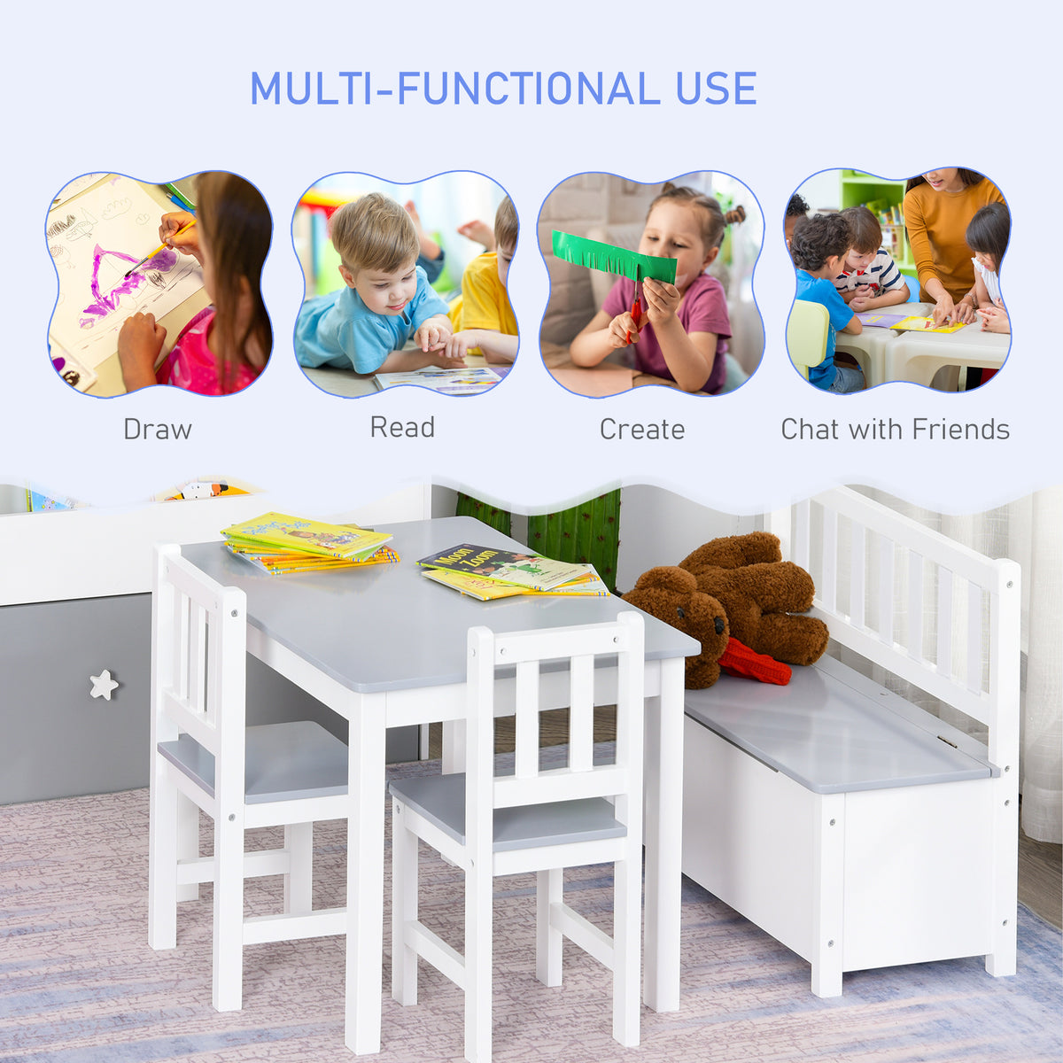 Kids' table and chair set with storage bench shown for drawing, reading, crafts, and play