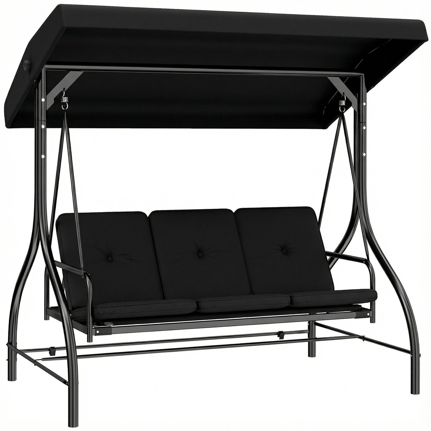 Photo of Outsunny 3 Seater Canopy Swing Chair, 2 in 1 Garden Swing Seat Bed, with Adjustable Canopy and Metal Frame, Black in Black colour on a white background