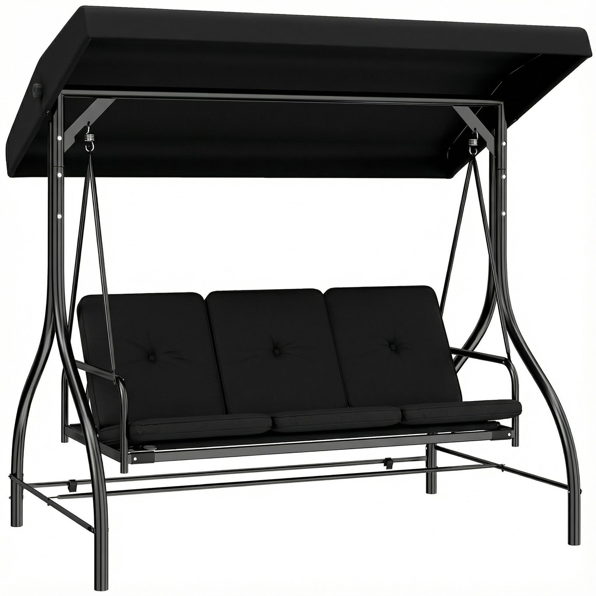 Photo of Outsunny 3 Seater Canopy Swing Chair, 2 in 1 Garden Swing Seat Bed, with Adjustable Canopy and Metal Frame, Black in Black colour on a white background