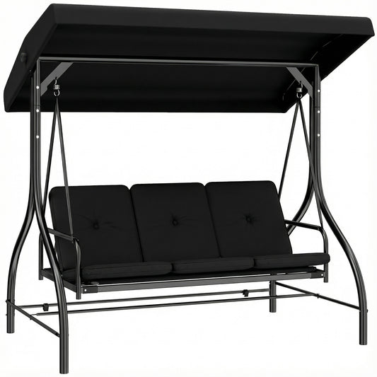 Photo of Outsunny 3 Seater Canopy Swing Chair, 2 in 1 Garden Swing Seat Bed, with Adjustable Canopy and Metal Frame, Black in Black colour on a white background
