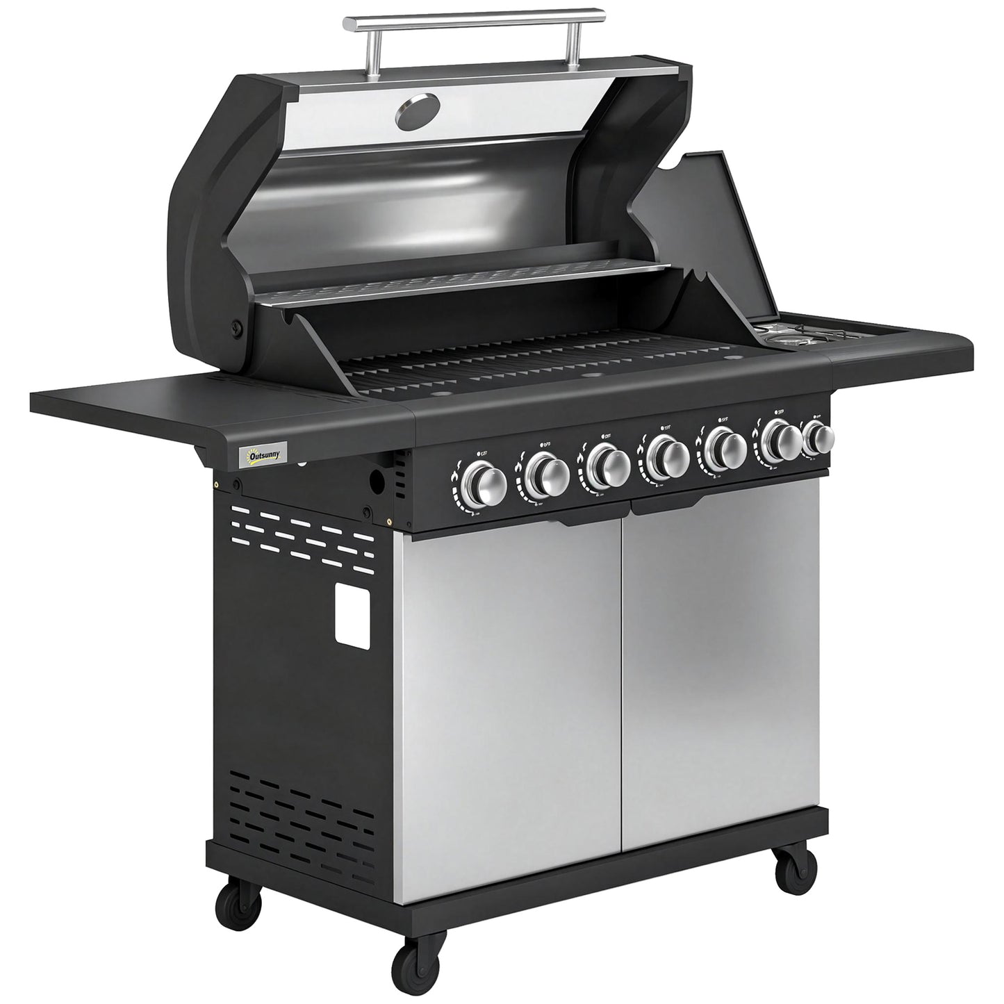 Photo of Outsunny 6+1 Burner Gas BBQ Grill, Outdoor Barbecue Trolley with Wheels, Warming Rack, Thermometer, Bottle Opener, Silver Tone in Tone colour on a white background