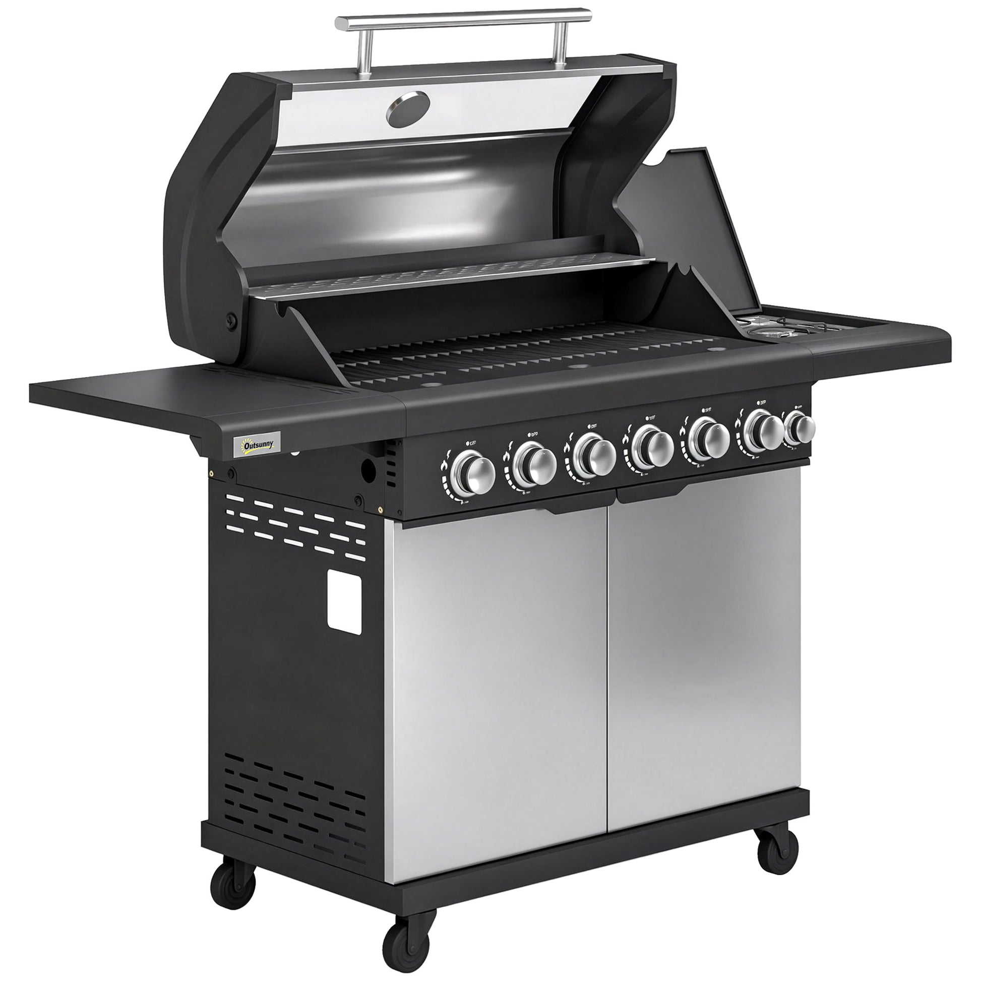 Photo of Outsunny 6+1 Burner Gas BBQ Grill, Outdoor Barbecue Trolley with Wheels, Warming Rack, Thermometer, Bottle Opener, Silver Tone in Tone colour on a white background