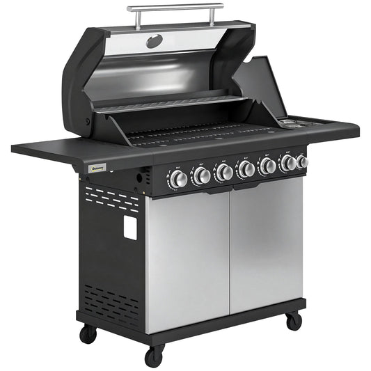 Photo of Outsunny 6+1 Burner Gas BBQ Grill, Outdoor Barbecue Trolley with Wheels, Warming Rack, Thermometer, Bottle Opener, Silver Tone in Tone colour on a white background