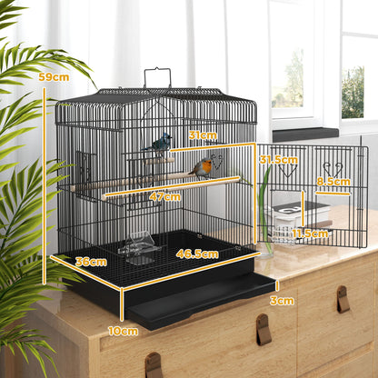 Black bird cage with open side door and dimension labels showing its size