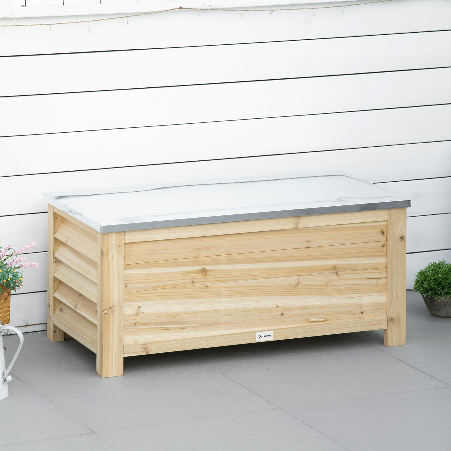Outsunny 155L Outdoor Storage Box with Metal Top and Shutter Walls, Wooden Outside Tool organiser Container, for Garden, terrace