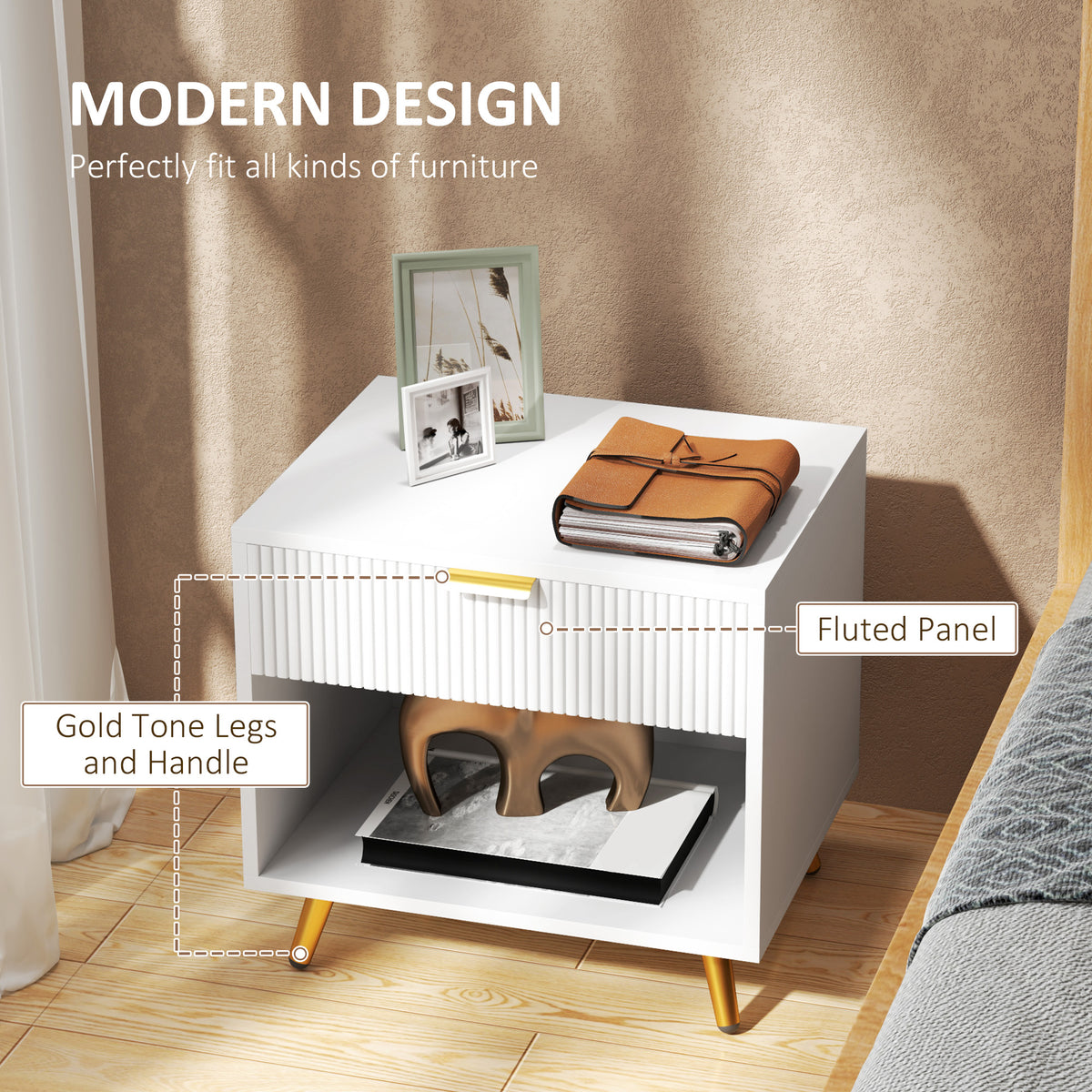 White bedside table with fluted drawer, open shelf, and gold-tone legs and handle