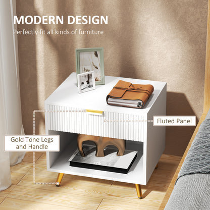 White bedside table with fluted drawer, open shelf, and gold-tone legs and handle