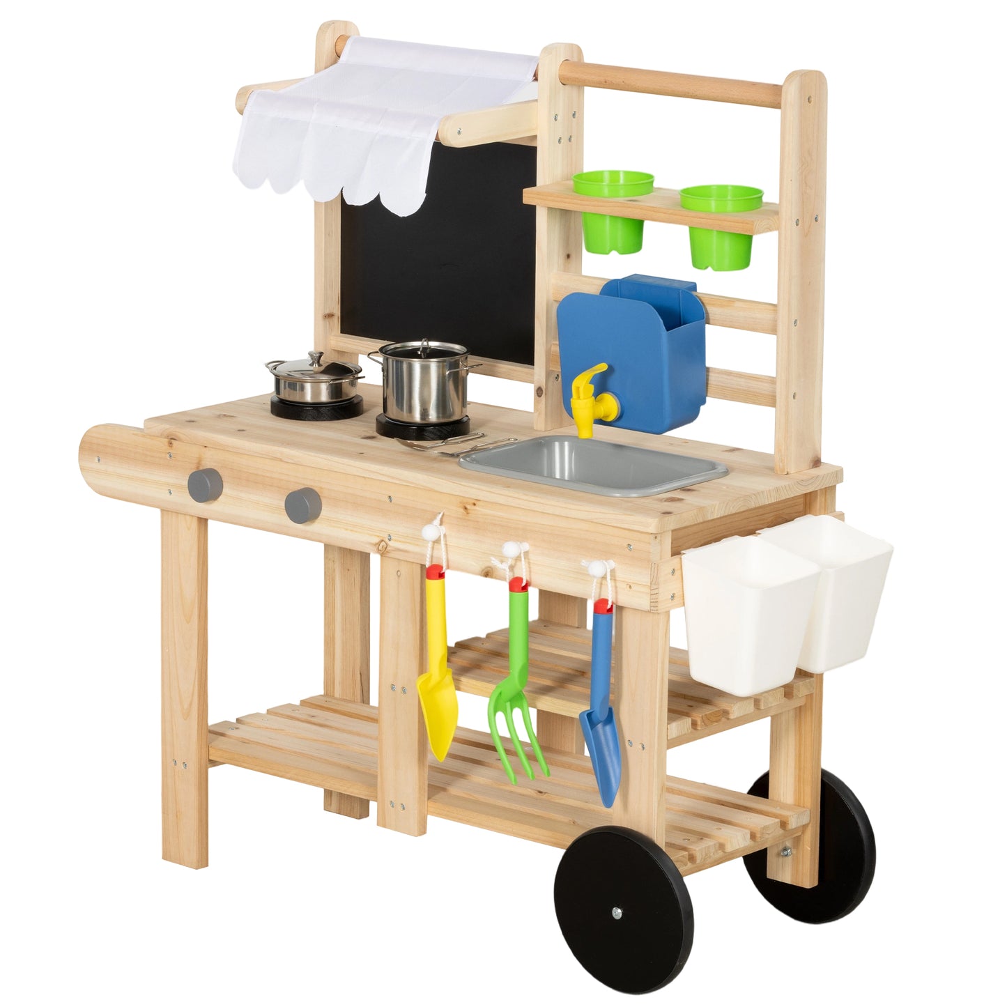 Photo of AIYAPLAY Mud Kitchen with Real Water Faucet Pretend Play Kitchen Playset with Sink and Storage Natural Wood in Wood colour on a white background