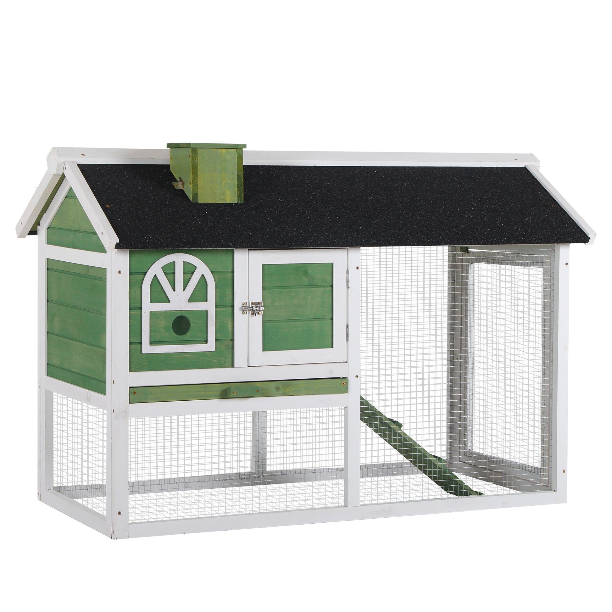 Photo of PawHut Wooden Rabbit Hutch and Run with Sliding Tray, Ramp, Water-resistant Roof, for 2-4 Rabbits, Green in Green colour on a white background