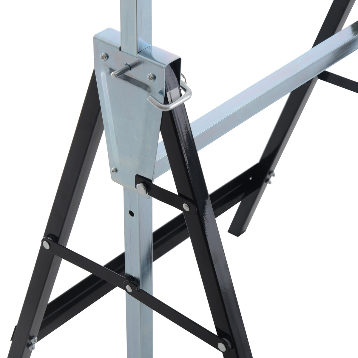 Close-up of steel trestle hinge, locking pin, and folding leg joints