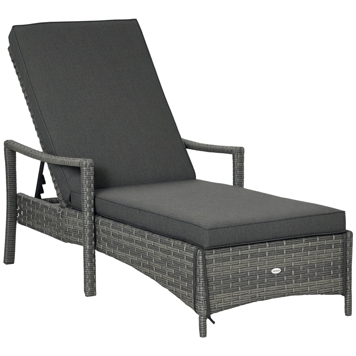 Mixed gray wicker sun lounger with dark cushion and raised adjustable backrest