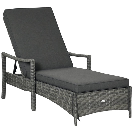 Photo of Outsunny Patio Rattan Sun Lounger, Dual Wicker Weave Outdoor Single Reclining Chair Furniture, 5-Level Adjustable Backrest w/ Removeable & Washable Cushion, Mixed Grey in Grey colour on a white background