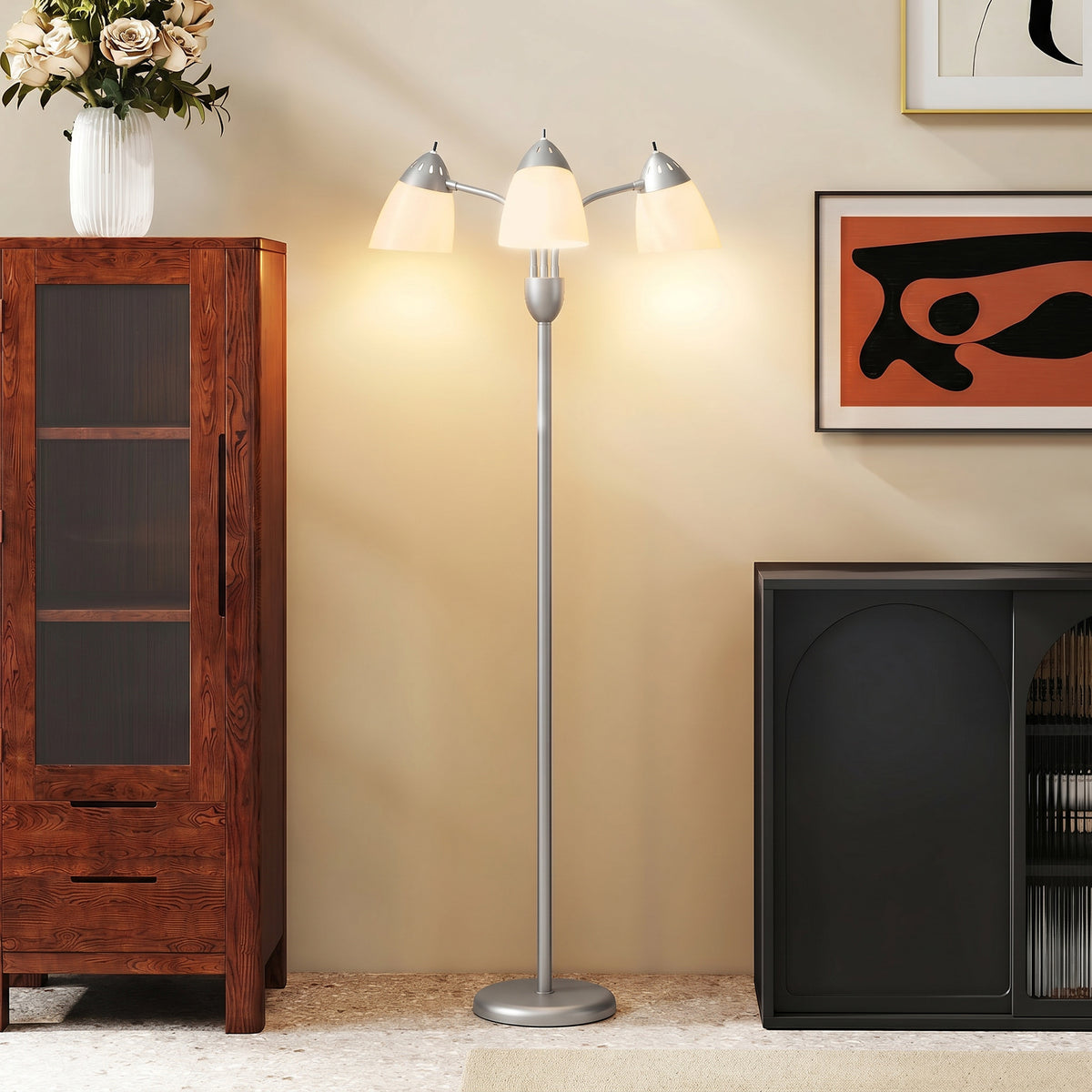 HOMCOM Arc Tree Floor Lamp with 3 Adjustable Rotating Lights and 3000K/4500K/6500K Colour Temperatures, Silver Tone