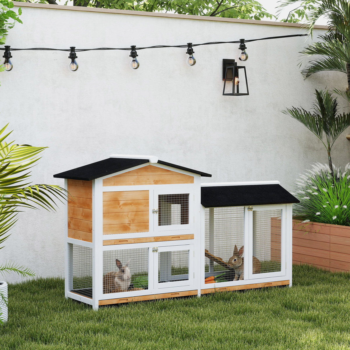 PawHut 2 Tier Rabbit Hutch with No-leak Plastic Trays Wooden Guinea Pig Hutch with Run, Yellow
