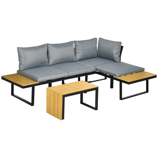 Photo of Outsunny 3 Pieces Patio Furniture Set, Outdoor Garden Sofa Conversation Set w/ Padded Cushions, Wood Grain Plastic Top Table and Side Panel, Dark Grey in Grey colour on a white background