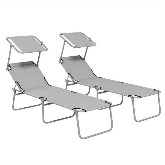 Photo of Outsunny Folding Sun Lounger Set of 2 with Canopy, Reclining Sunbed with 4-Position Adjustable Backrest, 600D Oxford Cloth, Portable Garden Lounger Recliner Chair for Beach, Camping, Patio, Light Grey in Grey colour on a white background