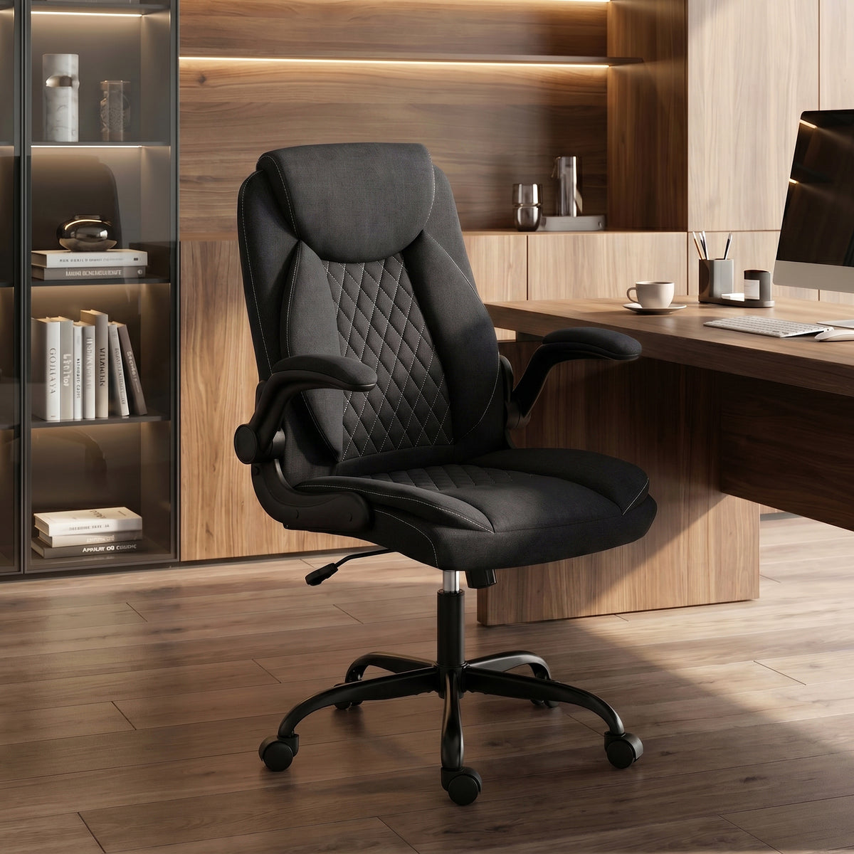 HOMCOM Linen-Look Computer Desk Chair, Executive Office Chair with Flip-Up Armrests and Thick Cushion, Black