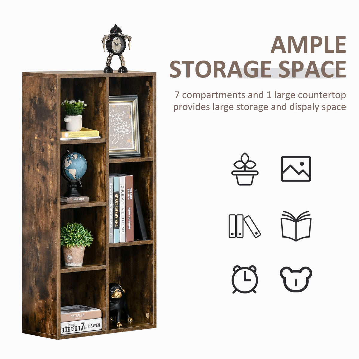 Rustic brown seven-cube bookcase with open storage compartments and a broad top surface.