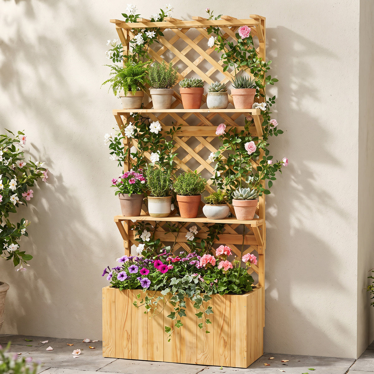 Wooden planter and trellis filled with potted plants and flowers