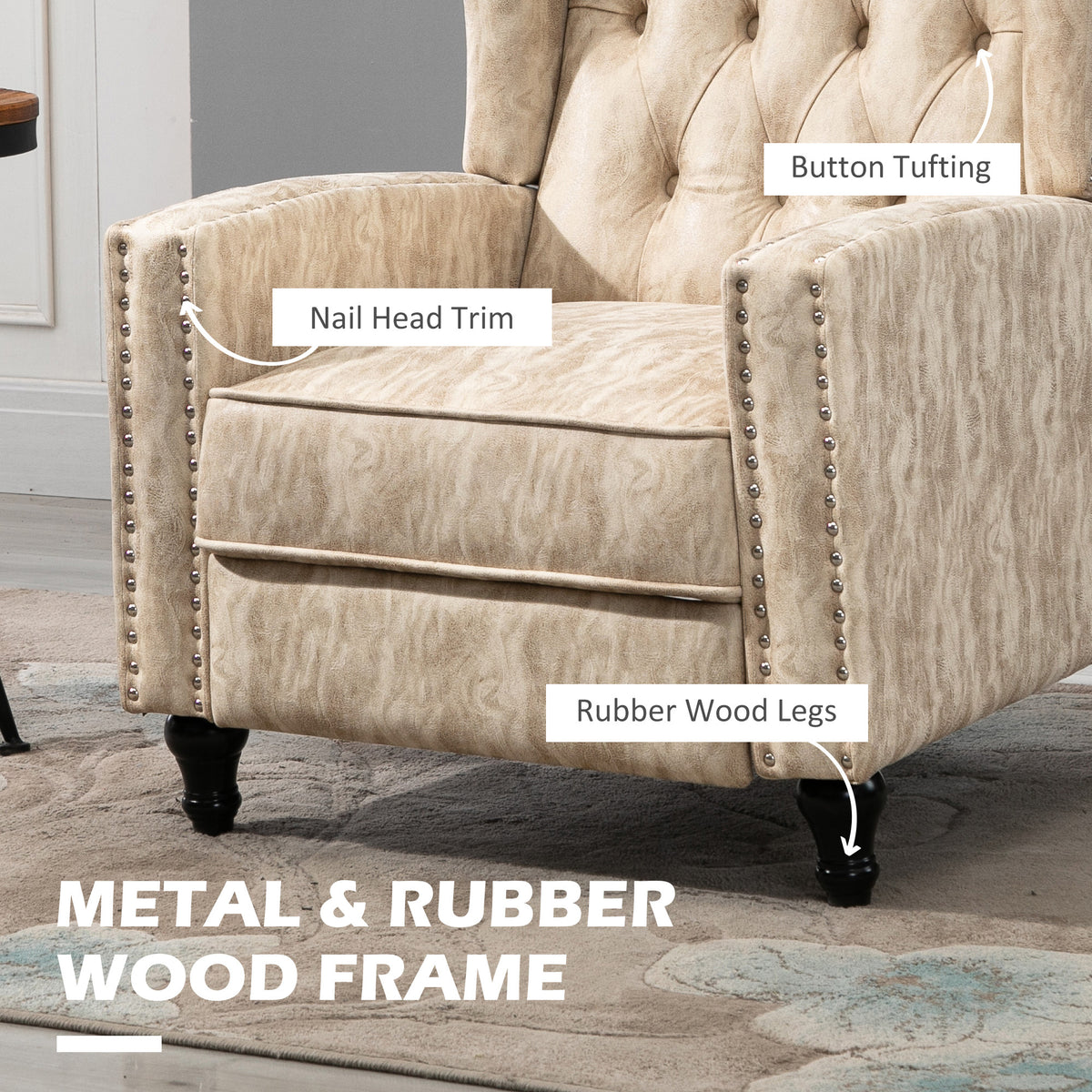 HOMCOM beige armchair detail with button tufting, nailhead trim, and dark wood legs