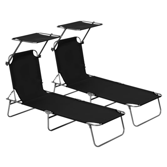 Photo of Outsunny 2 Pieces Outdoor Foldable Sun Lounger, 4 Level Adjustable Backrest Reclining Sun Lounger Chair with Angle Adjust Sun Shade Awning for Beach, Garden, Patio, Black in Black colour on a white background