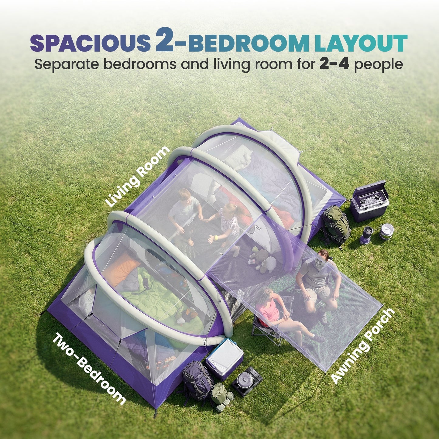 Outsunny Inflatable Tent 2 Bedroom Tunnel Design Windproof Air Tent with Carry Bag for 4 Person