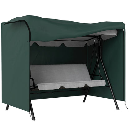 Green protective cover fitted over a three-seater swing, with the front open