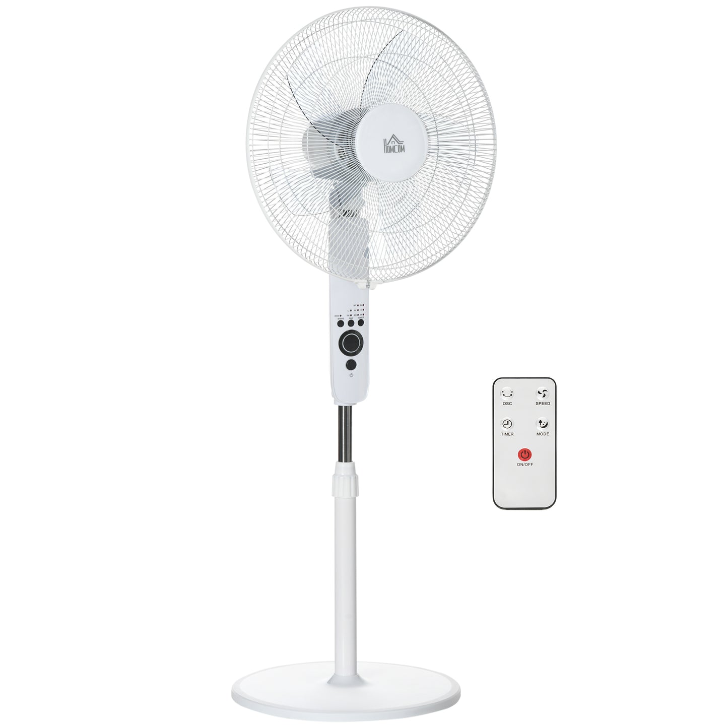 Photo of HOMCOM 124cm Pedestal Fan with Sleep Mode, Oscillating Standing Fan with 3 Modes, Remote Control, Adjustable Height, White in White colour on a white background
