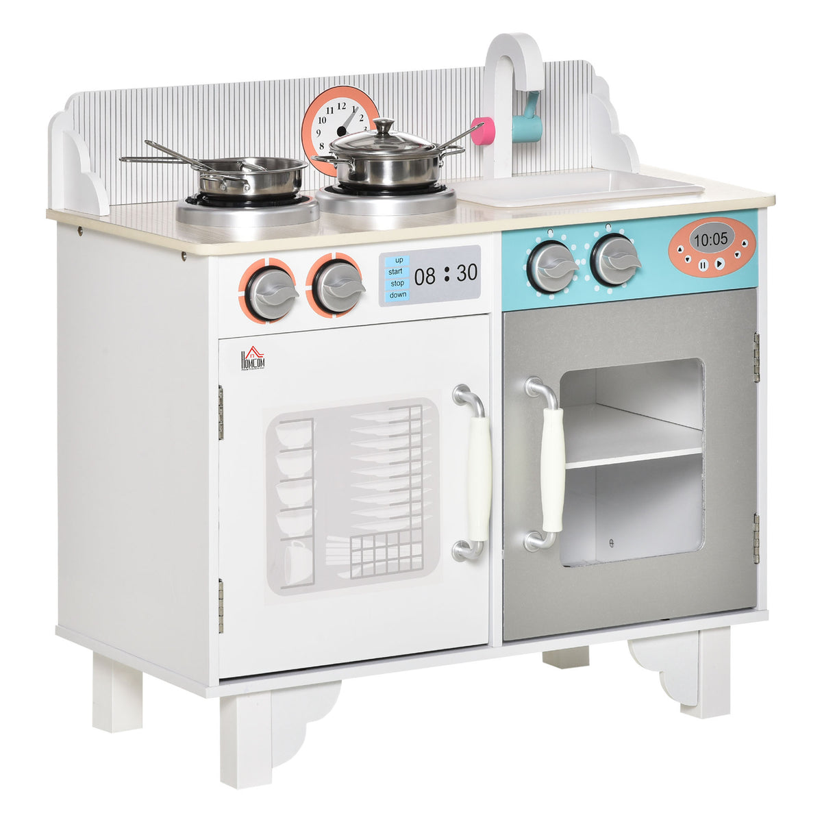 Photo of HOMCOM Kids Wooden Play Kitchen Toy Cooking Set Pretend Role Playset, with, Cooking Bench, Stainless Steel Pot for 3-6 Years in Years colour on a white background