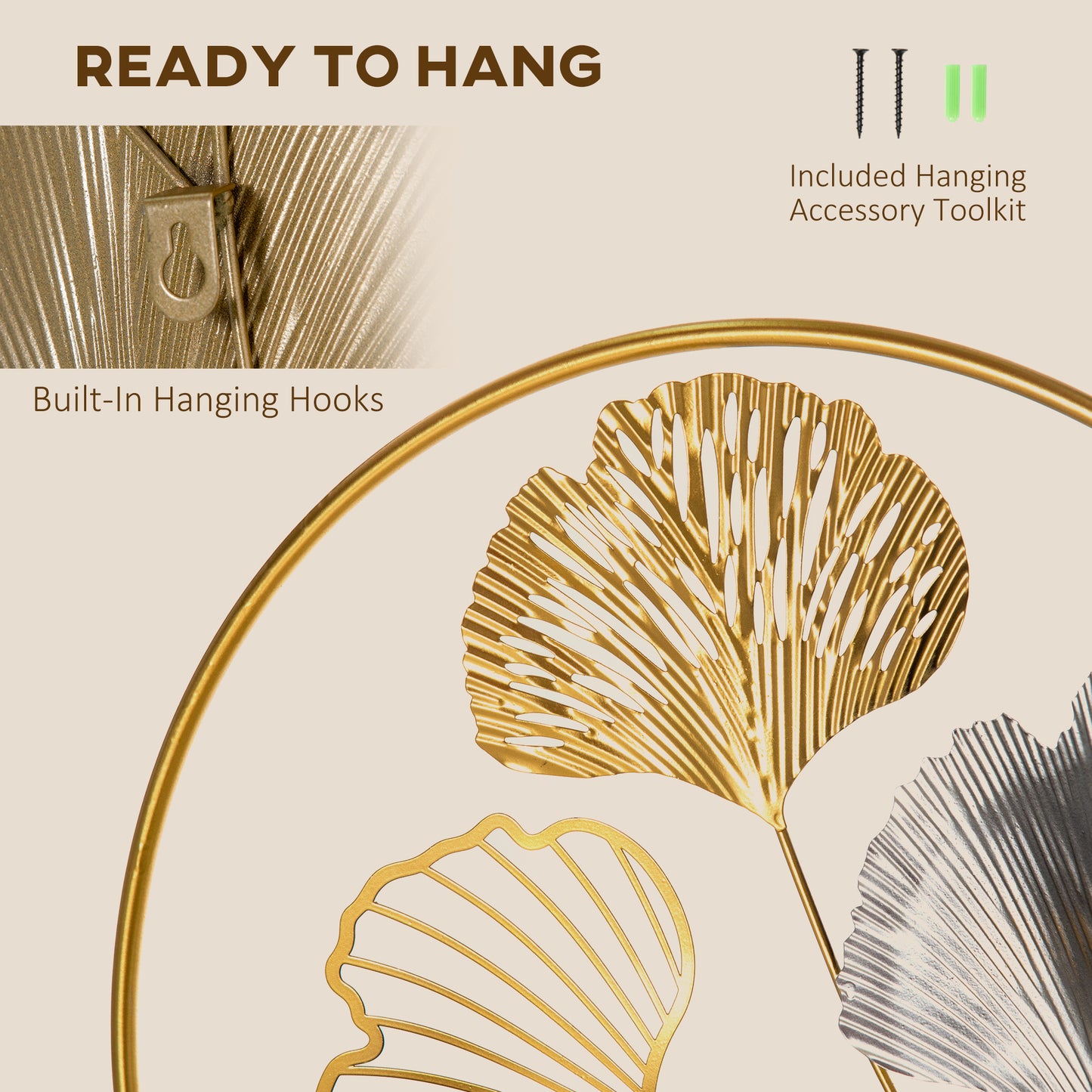 HOMCOM Large Metal Wall Art, Modern Hanging Wall Sculpture with Unique Multi-leaf Design, Horizontal or Vertical Metal Hanging Decoration for Living Room Bedroom Entryway, Gold Silver