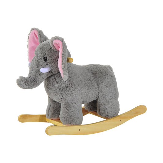 Photo of HOMCOM Kids Children Rocking Horse Plush Ride on Animal Wooden Riding Traditional Rocker Gift w/32 nursery rhymes (Grey Elephant) in Elephant) colour on a white background