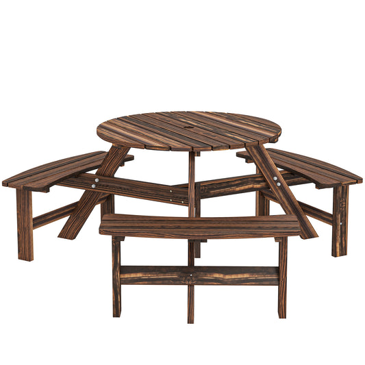 Photo of Outsunny Wooden Garden Dining Set, 6 Seater Round Dining Picnic Table with Matching Bench, Garden Furniture Set with Parasol Hole for Outdoor Patio Party and Family Gatherings, Carbonized in Carbonized colour on a white background