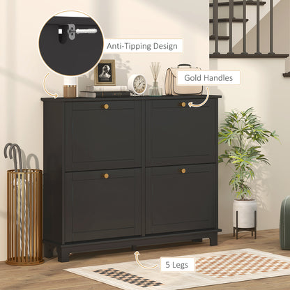 Black shoe cabinet with gold handles, five legs, and an anti-tip wall anchor.