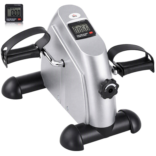 HOMCOM silver mini exercise bike with black pedals, resistance knob, and LCD display