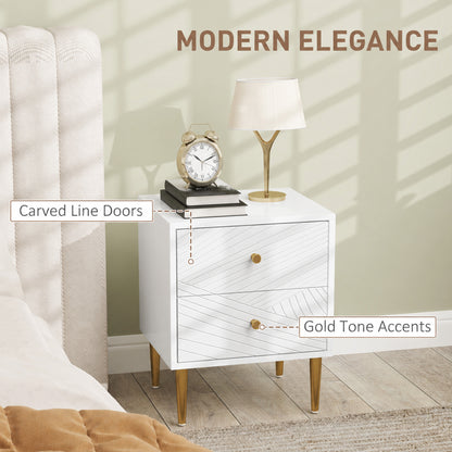 White bedside table with carved-line drawers and gold-tone accents