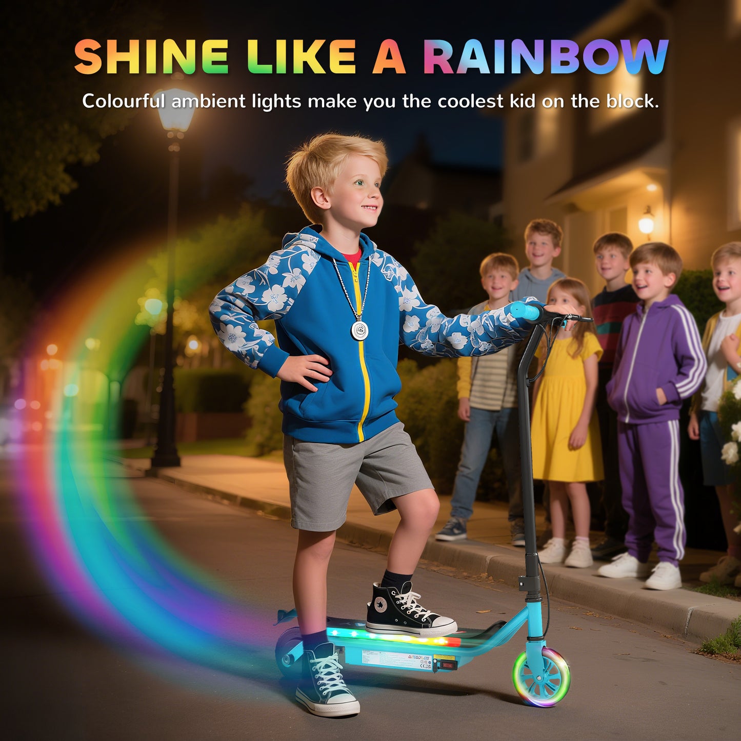 AIYAPLAY Electric Scooter for Kids Aged 6-14 Years, with Colourful Lights, Blue