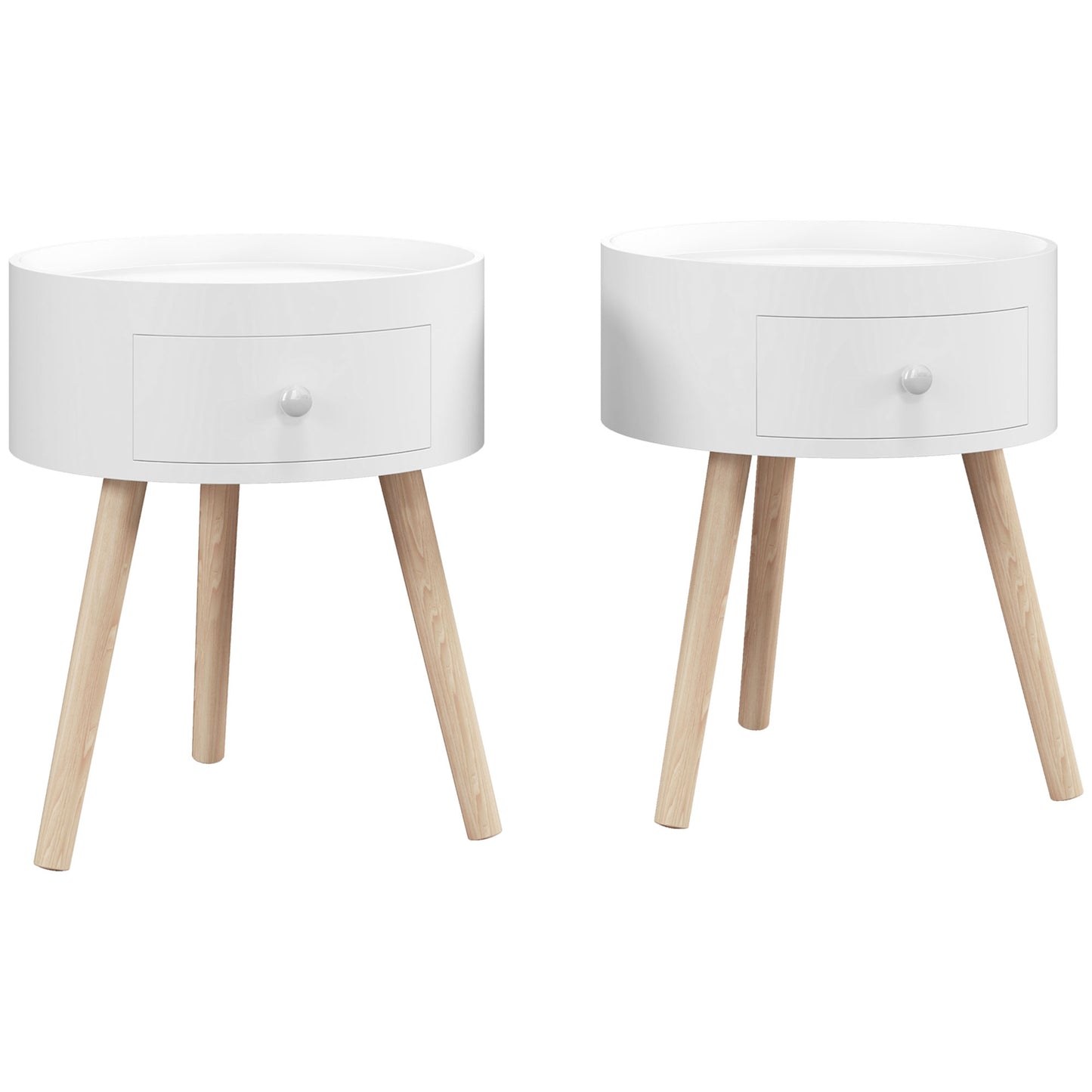 Photo of HOMCOM Modern Side Table, Small Coffee Table, Round Bedside Table with Drawer and Wood Legs for Living Room, Bedroom, Set of 2, White in White colour on a white background