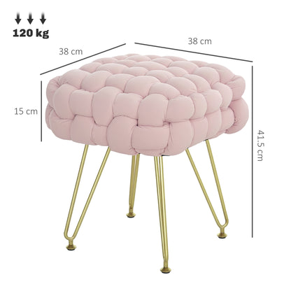 Pink woven footstool with gold-tone legs, shown with dimensions and 120 kg capacity