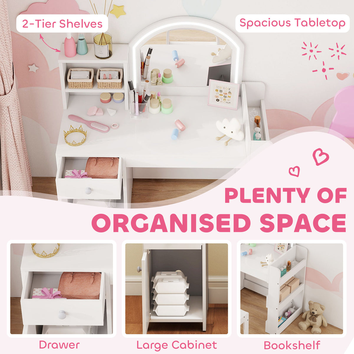 AIYAPLAY Kids Vanity Table and Chair Set, Girls Dressing Table with 2-Colour LED Mirror, Stool, Cabinet, Drawer, Shelves, White
