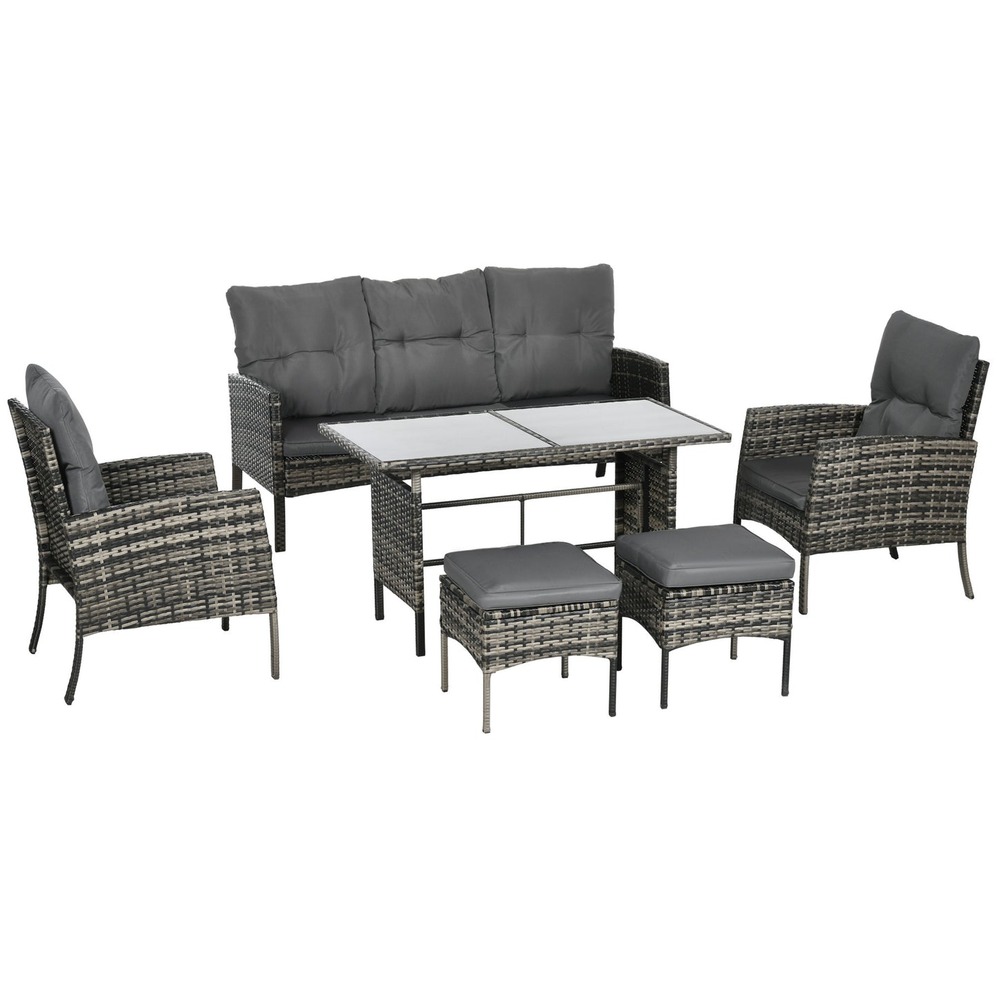 Photo of Outsunny 5 Seater Rattan Garden Furniture Set, 2 Armchairs, 3-Seater Wicker Sofa, 2 Footstools and Glass Table, 6 Piece Patio Rattan furniture Sofa Sets with Cushions for Conservatory, Mixed Grey in Grey colour on a white background