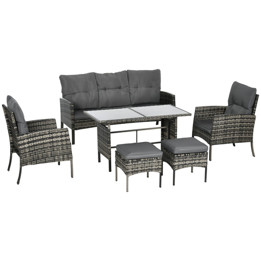 Photo of Outsunny 5 Seater Rattan Garden Furniture Set, 2 Armchairs, 3-Seater Wicker Sofa, 2 Footstools and Glass Table, 6 Piece Patio Rattan furniture Sofa Sets with Cushions for Conservatory, Mixed Grey in Grey colour on a white background