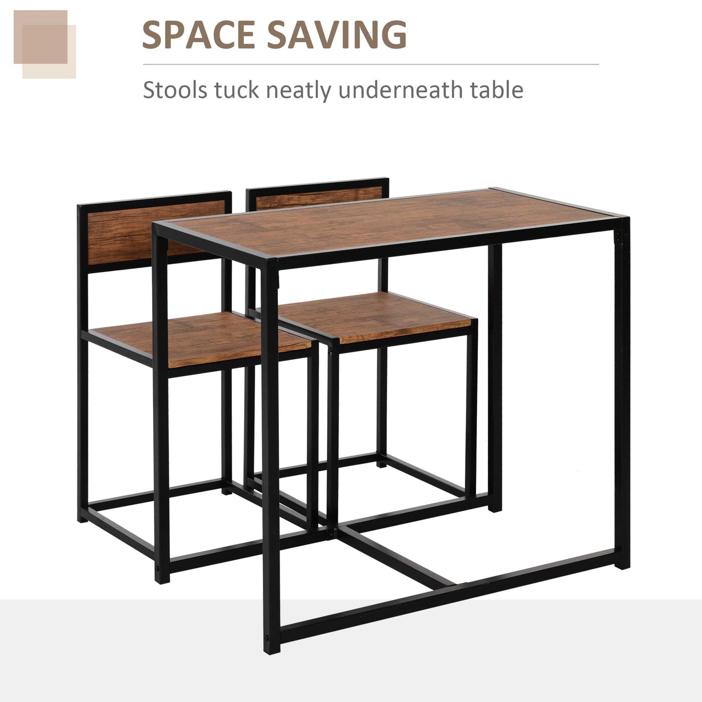 HOMCOM Dining Table and Chairs Set 2, Dining Room Sets, Rectangular Space Saving Table and 2 Chairs for Compact Kitchens, Steel Frame, Natural