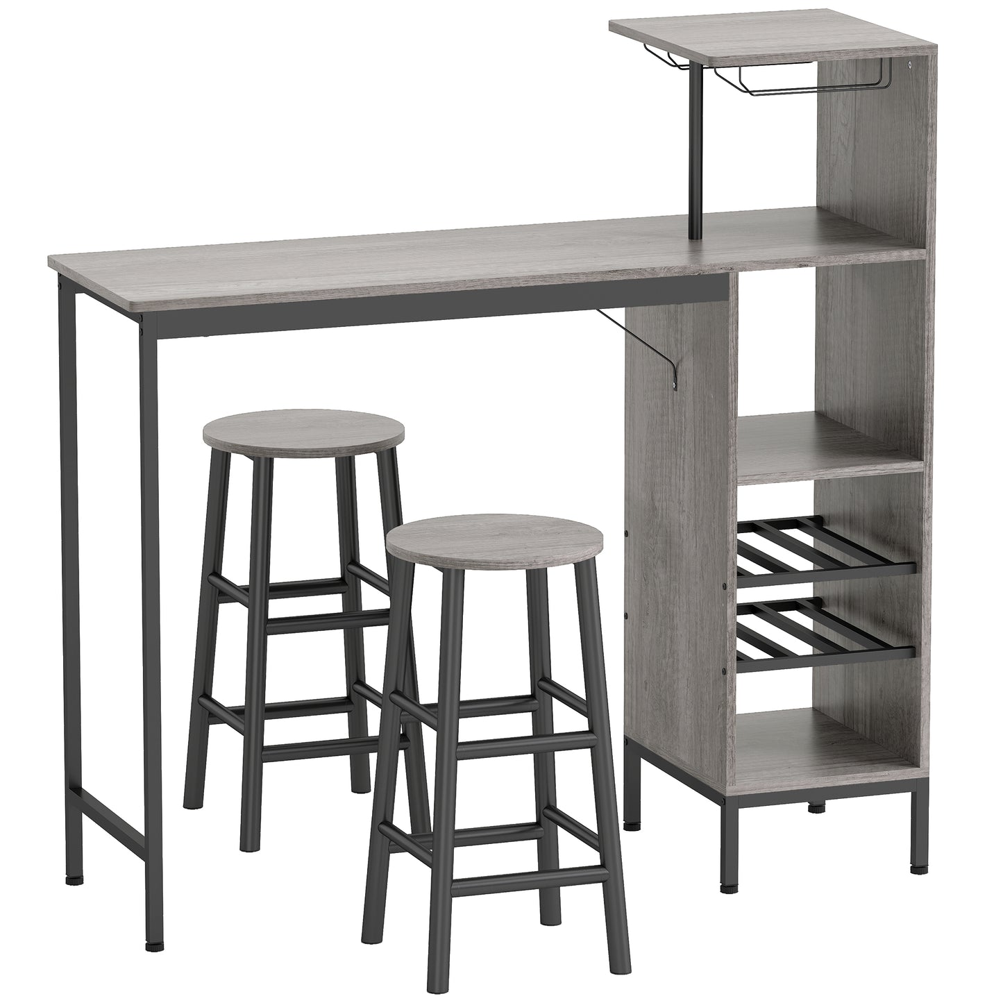 Photo of HOMCOM 3 Pieces Dining Room Set, 2 Round Stools with Footrest, 6-Tier Dining Table with Storage Shelves, Natural in Natural colour on a white background