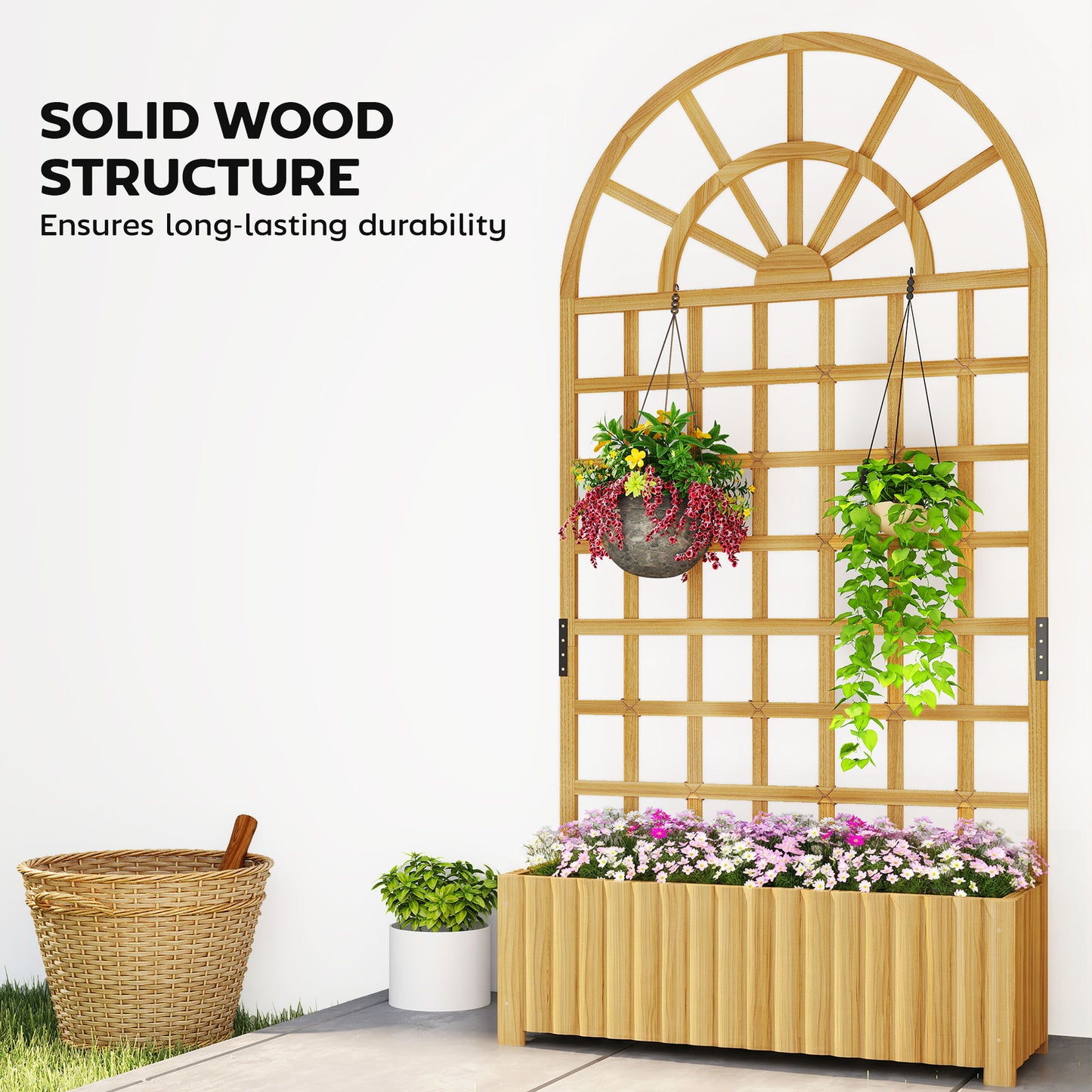 Outsunny Wooden Raised Planter with Trellis, Raised Bed for Garden with Lattice and Drainage Holes for Climbing Plants