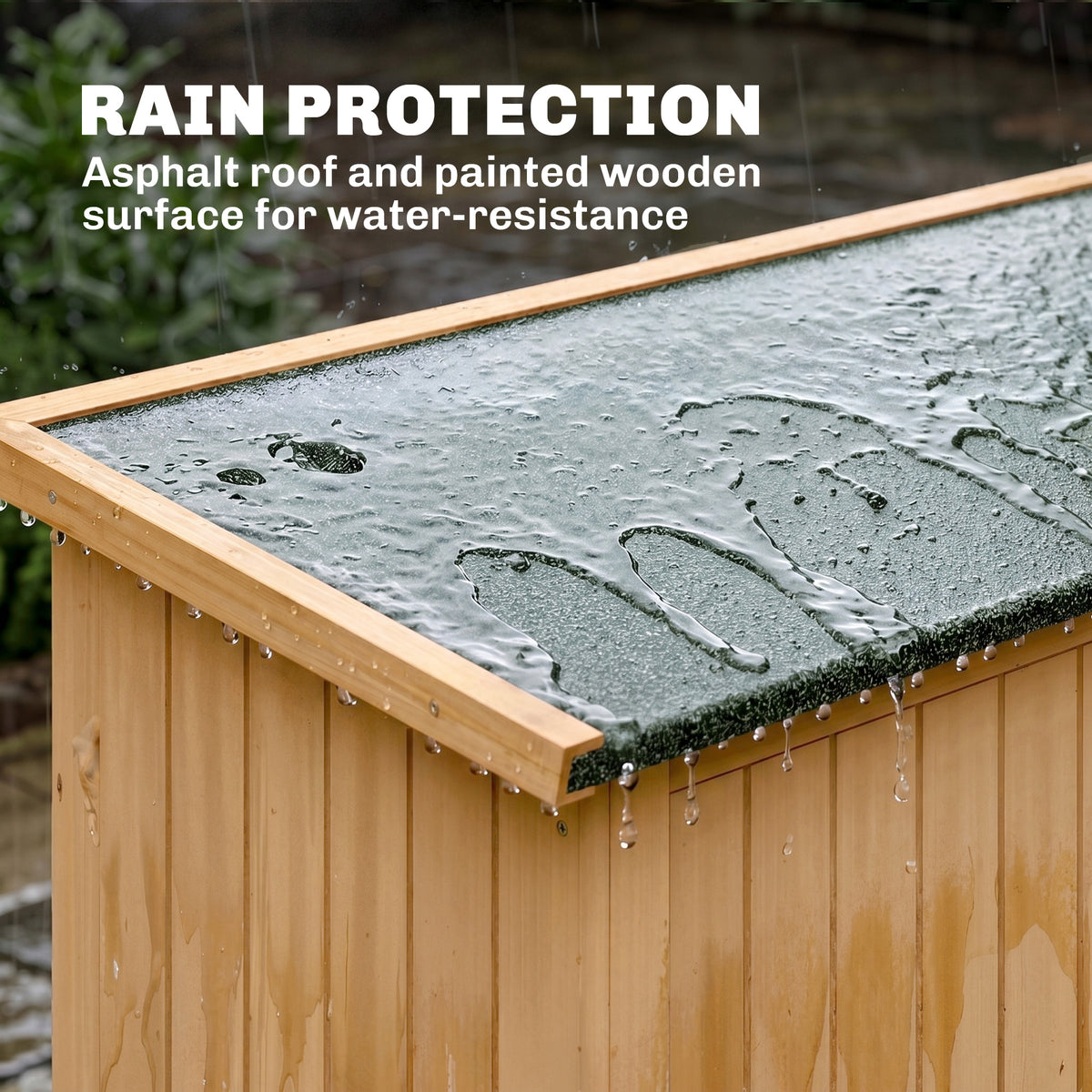 Close-up of wooden shed roof with dark water-resistant asphalt covering