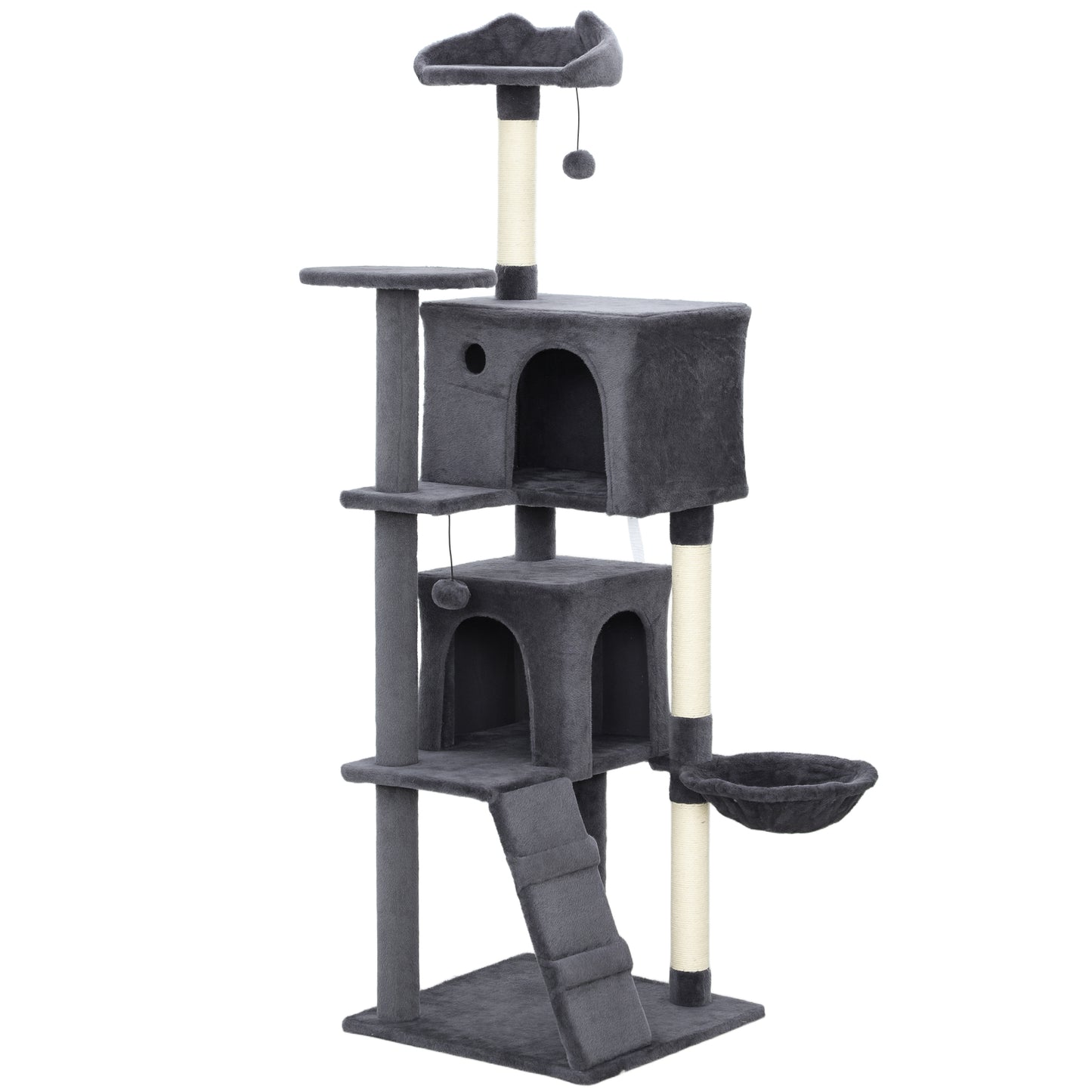 Photo of PawHut 160cm Large Cat Tree Tower with Sisal Scratching Posts, Condos, Plush Perches, Hammock, Ladder, Dark Grey in Grey colour on a white background