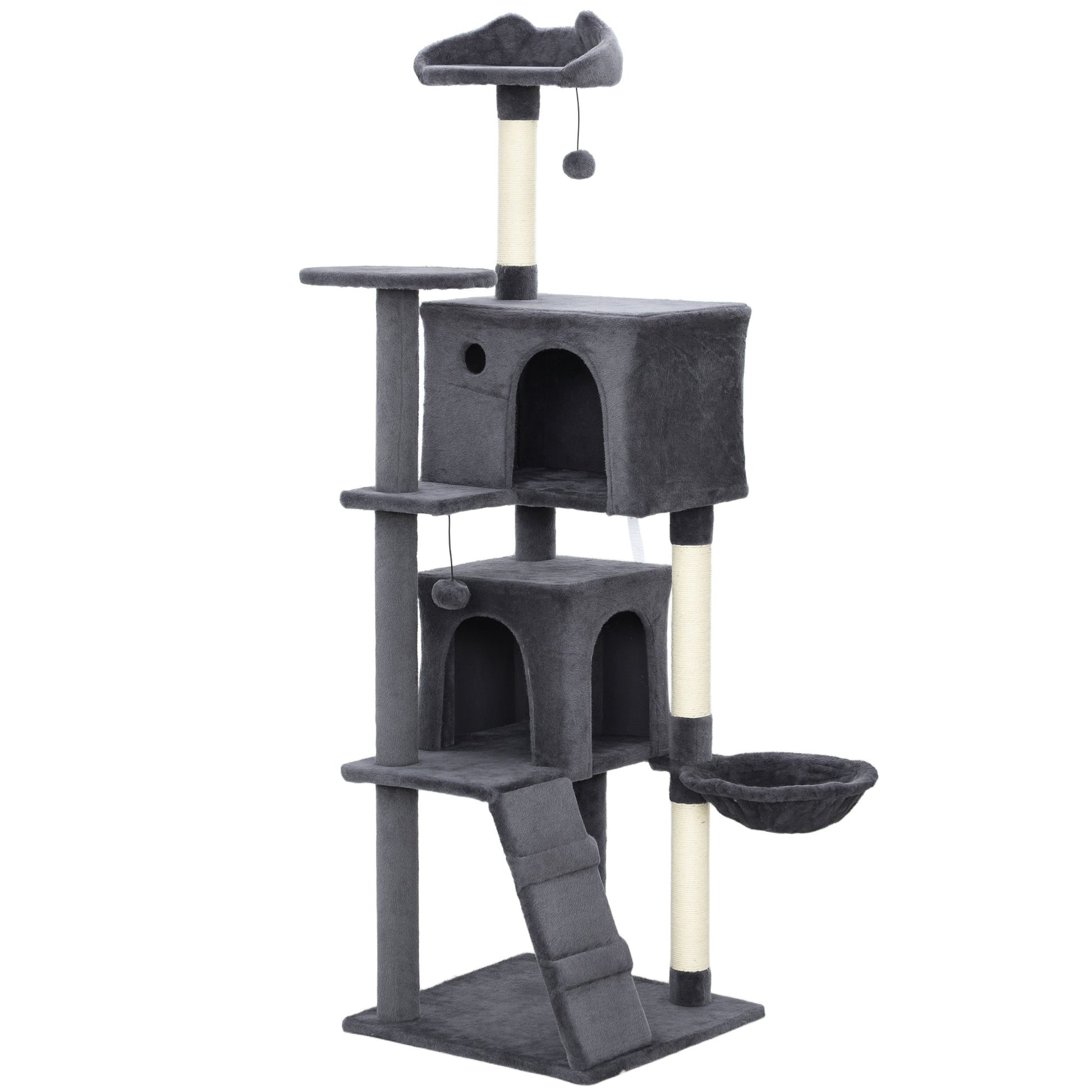 Photo of PawHut 160cm Large Cat Tree Tower with Sisal Scratching Posts, Condos, Plush Perches, Hammock, Ladder, Dark Grey in Grey colour on a white background
