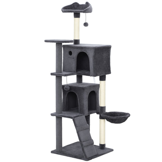 Photo of PawHut 160cm Large Cat Tree Tower with Sisal Scratching Posts, Condos, Plush Perches, Hammock, Ladder, Dark Grey in Grey colour on a white background